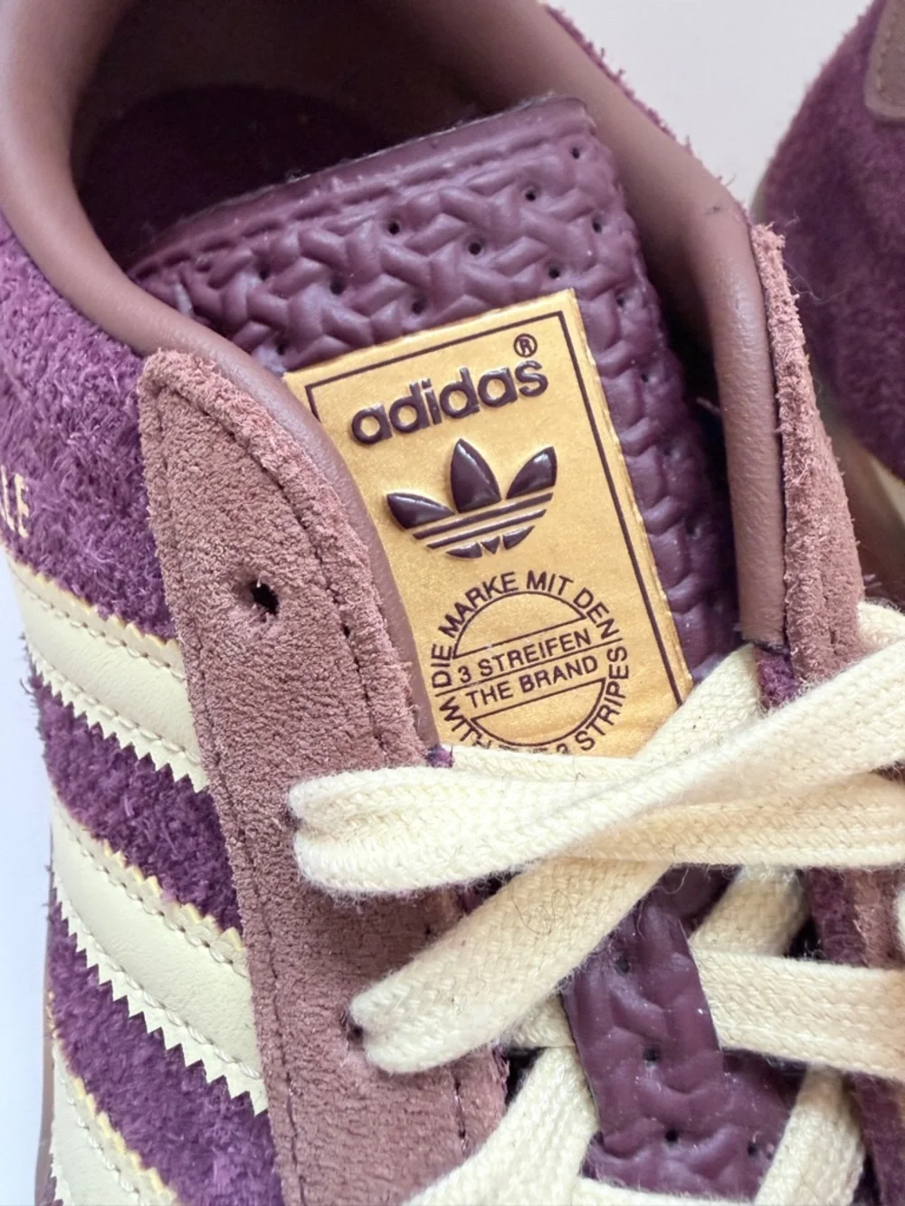 Adidas Gazelle Indoor Plum Burgundy Suede Terry Sneakers Cream Stripes - 5 US - Picture 9 of 11